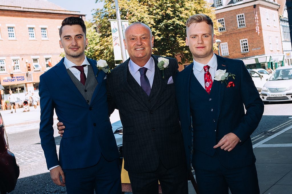 Groom & Brides grown sons outside Morpeth Town Hall