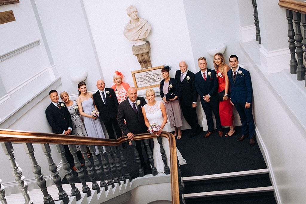 Bride, Groom and family on the staircase, Morpeth Town Hall