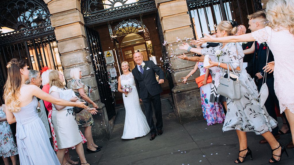 confetti throwing outside of Morpeth Town Hall