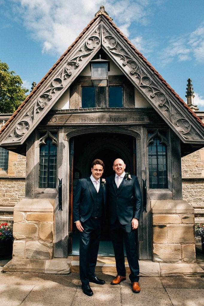 Groom and Bestman outside St. Cuthberts Church in Blyth, Northumberland