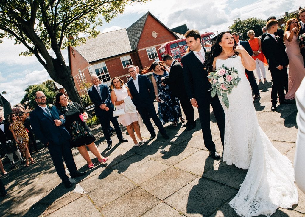 Bride, Groom & Guests outside of St Cuthberts Church in Blyth