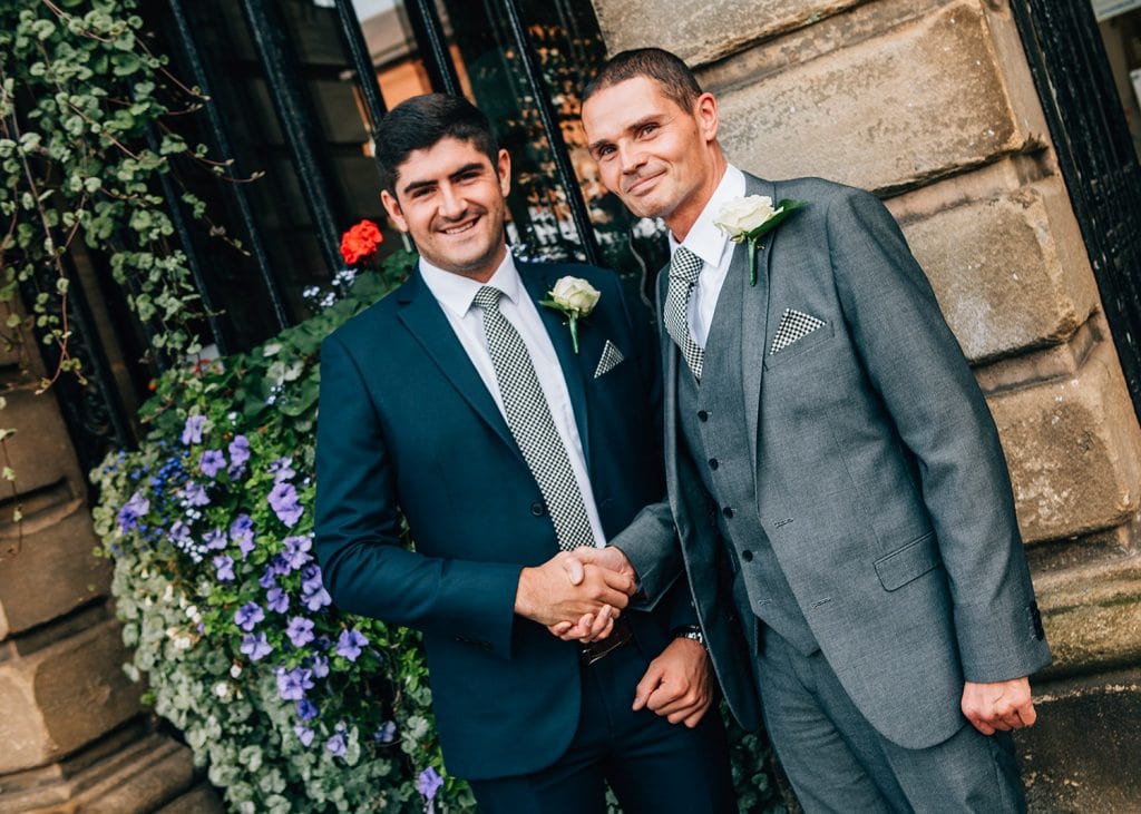 Groom with his Bestman outside of Morpeth Town Hall in Northumberland