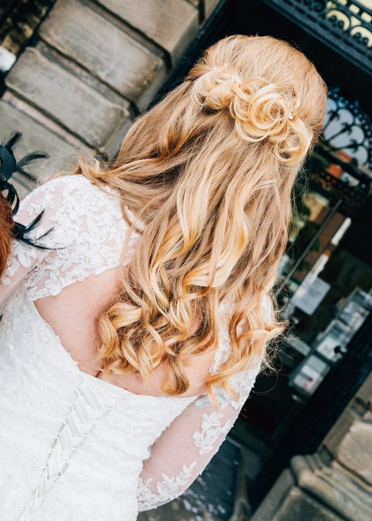 A view of the Brides hair style