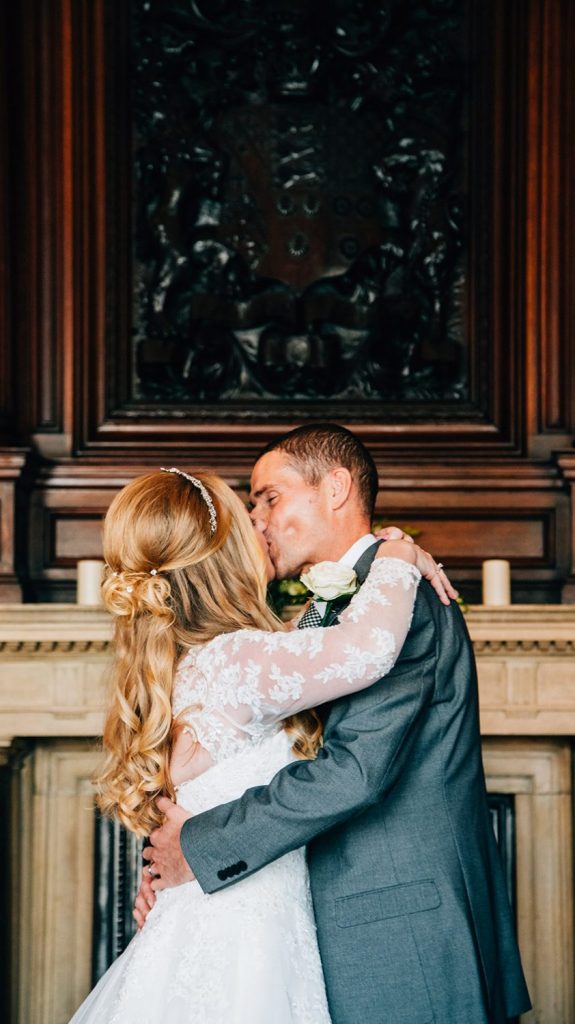 The Bride & Groom Kissing in the The Ballroom, Morpeth Registry Office in Northumberland