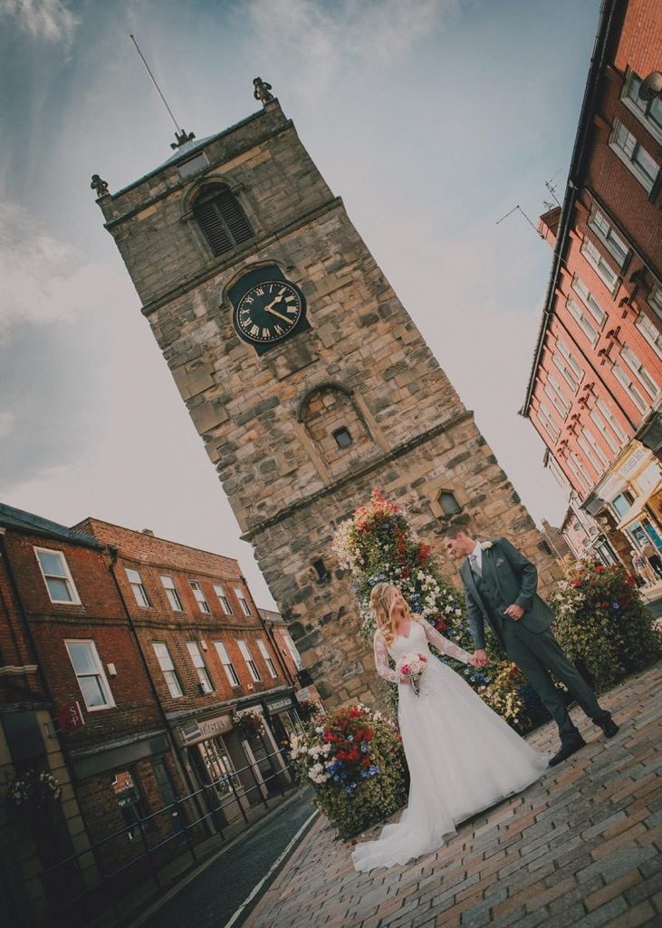 The Bride & Groom outside the clock tower in morpeth, Northumberland