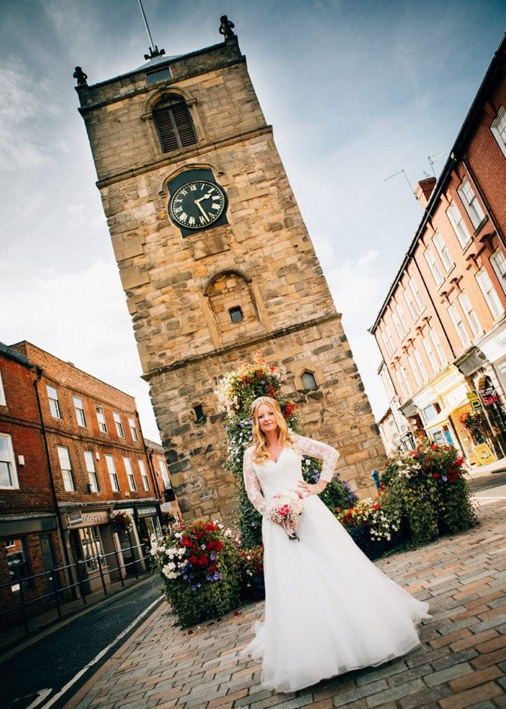 The Bride infront of the Clock Tower in Morpeth, Northumberland