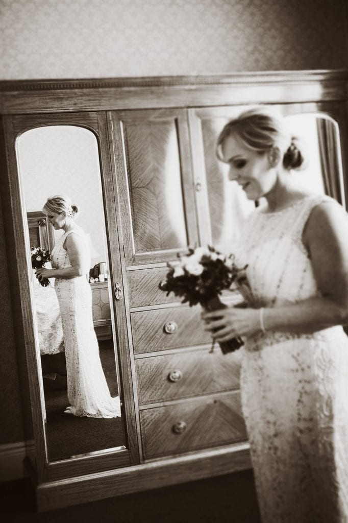 Brides reflection in a wardrobe at The Mansion House in Jesmond, Newcastle