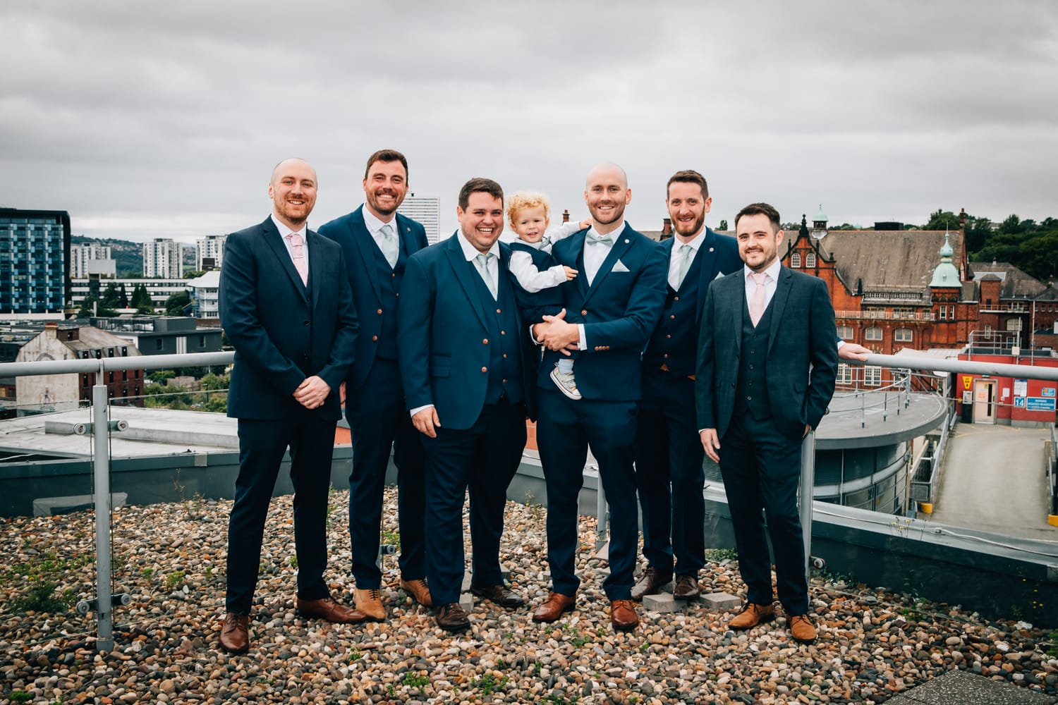 Groomsmen on the roof of the Central Loft, Newcastle
